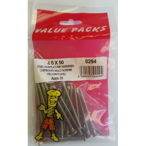 Value Pack 4.0 X 50 Pozi Csk Chipboard Screws Yellow 20 Per Pack Value Pack 4.0 X 50 Pozi Csk Chipboard Screws Yellow 20 Per Pack